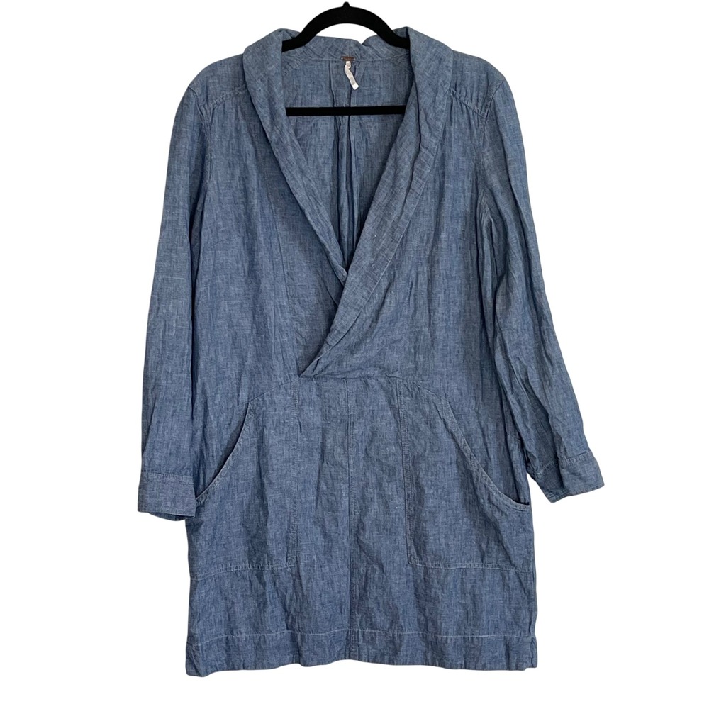 Free People Blue Linen Cotton Chambray Surplice Shawl Collar Mini Dress Womens M